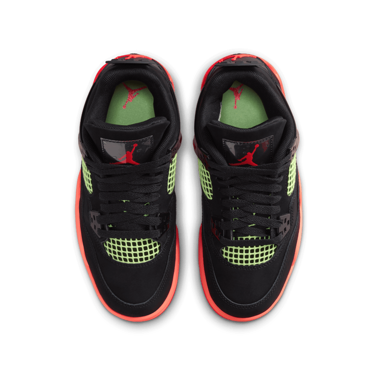 Air Jordan 4 Retro Black Infrared 23 GS top down view showing Barely Volt tongue netting and black nubuck upper
