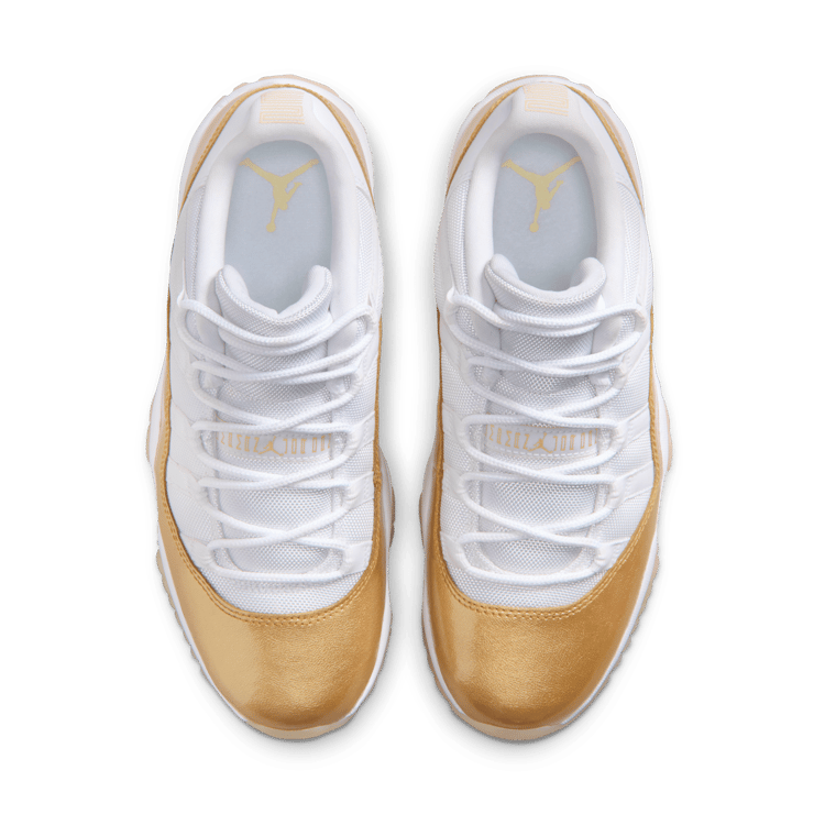 Air Jordan 11 Low Mother's Day lateral view showing white ballistic mesh and metallic gold patent leather mudguard