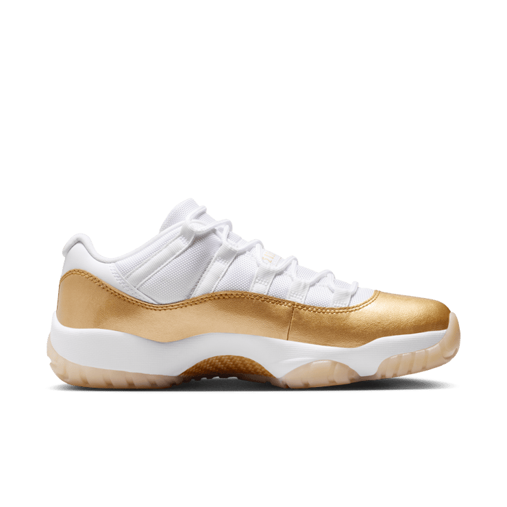 Air Jordan 11 Low Mother's Day heel detail showing gold 23 branding and Jumpman logo on sail pre-aged outsole