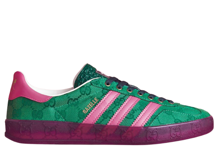 adidas gazelle silver green womens Adidas x Gucci Gazelle Sneaker in Pink Suede with Black Stripes and Gr –  Hollo Shoe