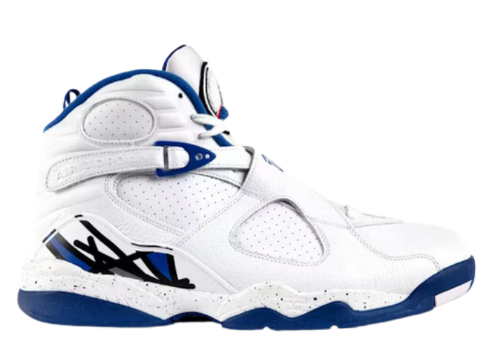 white and blue jordans 8