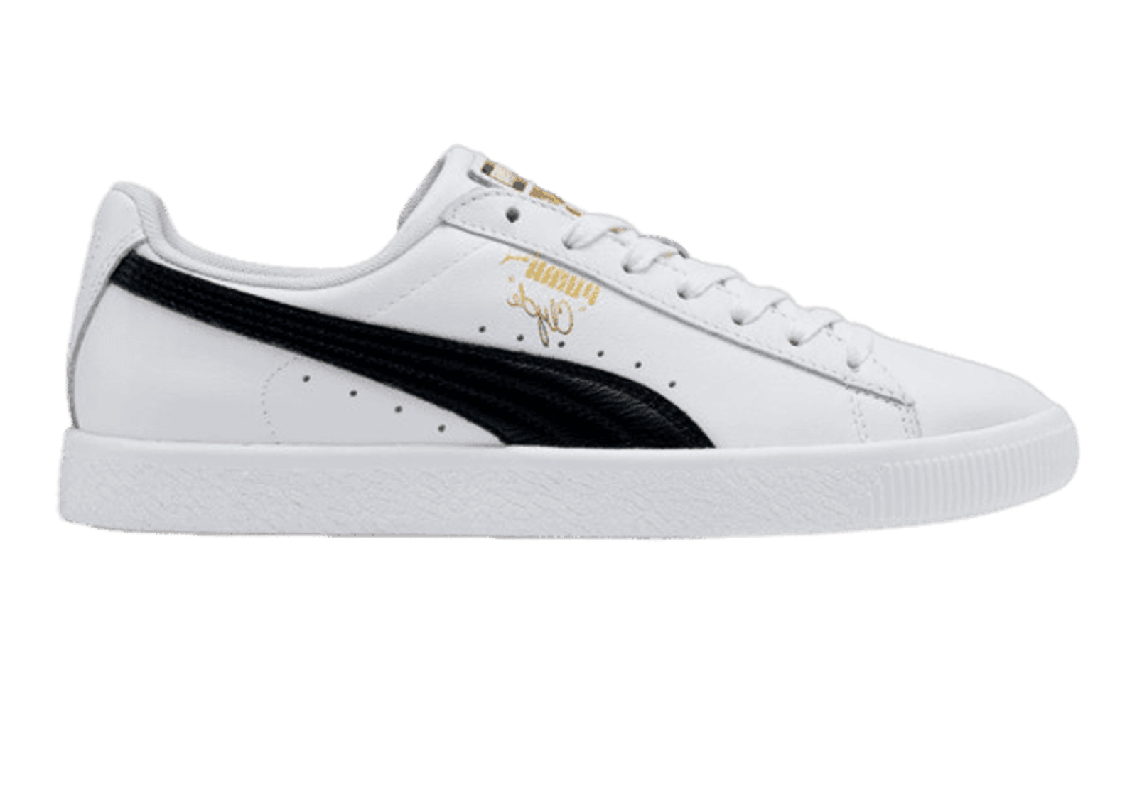 PUMA Clyde Core Foil Sneakers in White/Black/Team Gold
