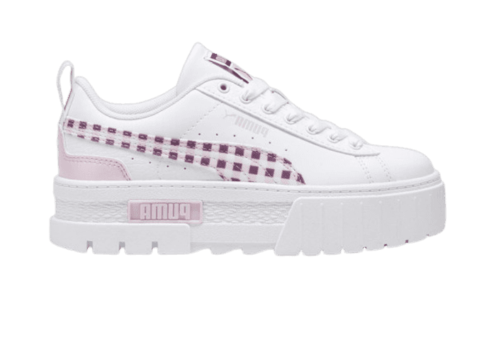 PUMA Mayze Gingham Cozy Sneakers in White/Grape Mist (GS)