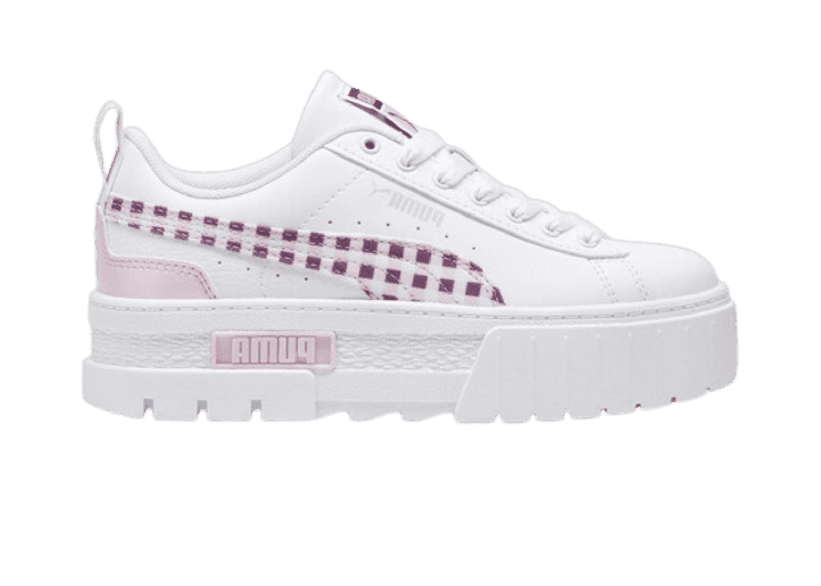 PUMA Mayze Gingham Cozy Sneakers in White/Grape Mist (GS)
