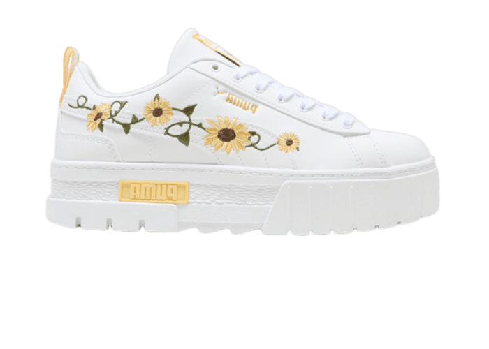 PUMA Mayze Sunflower Embroidery Sneakers in White/Chocolate