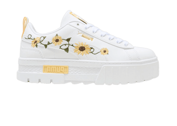 PUMA Mayze Sunflower Embroidery Sneakers in White/Chocolate PUMA Mayze Sunflower Embroidery Sneakers in White/Chocolate