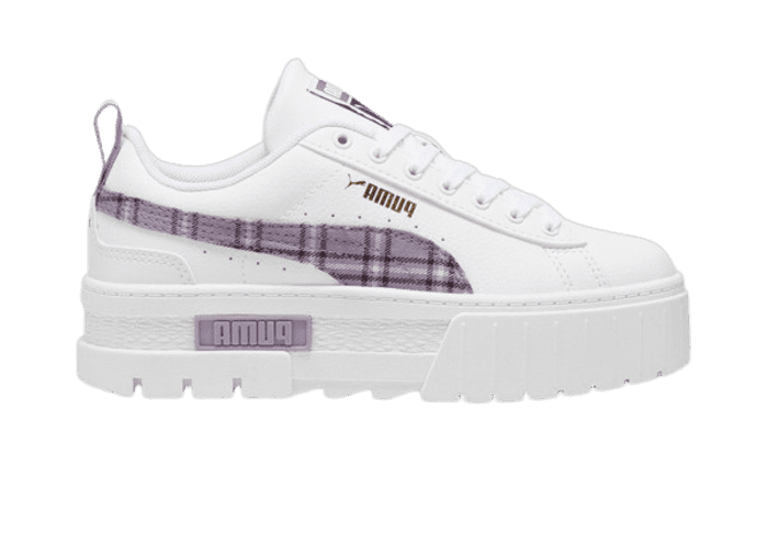 PUMA Mayze Winter Tartan Sneakers in White/Pale Plum (GS)