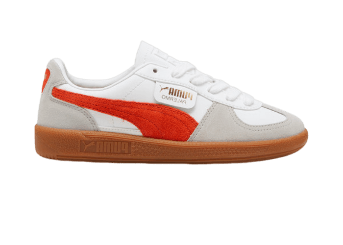 PUMA Palermo Leather Sneakers in White/Redmazing/Gum (GS)