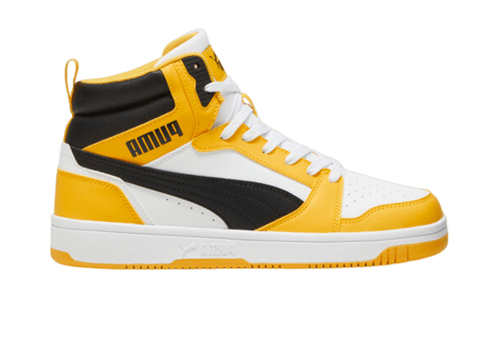 PUMA Rebound Sneakers in White/Black/Yellow Sizzle