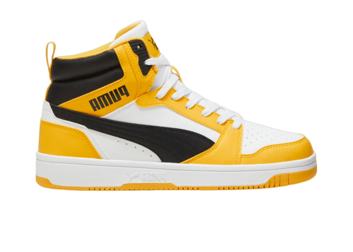 PUMA Rebound Sneakers in White/Black/Yellow Sizzle