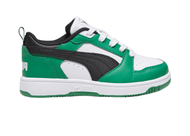 PUMA Rebound V6 Lo Sneakers in White/Black/Archive Green (PS)