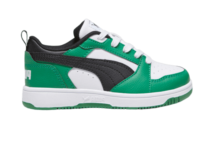 PUMA Rebound V6 Lo Sneakers in White/Black/Archive Green (PS)