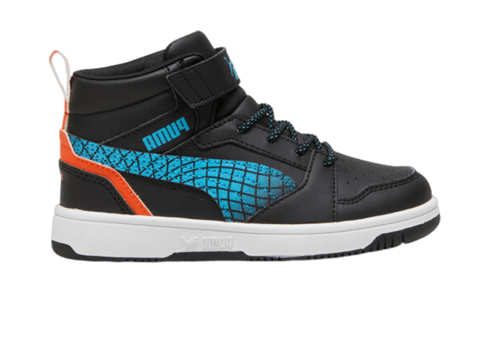 PUMA Rebound V6 Mid Sneakers in Black/Flame Flicker/White (GS)
