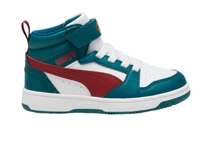 PUMA Rebound V6 Mid Sneakers in Cold Green/Alpine Snow/Intense Red (PS)
