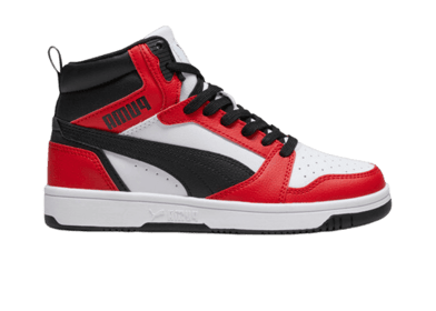PUMA Rebound V6 Mid Sneakers in White/Black/For All Time Red (GS)