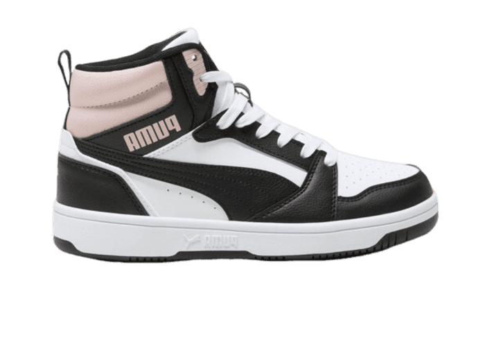 PUMA Rebound V6 Mid Sneakers in White/Black/Mauve Mist