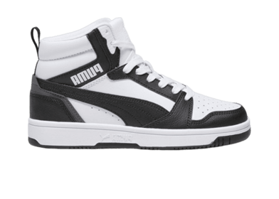 PUMA Rebound V6 Mid Sneakers in White/Black/Shadow Grey (GS)