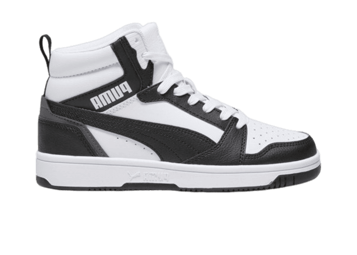 PUMA Rebound V6 Mid Sneakers in White/Black/Shadow Grey (GS)