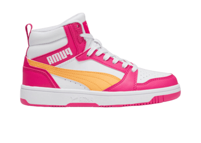 PUMA Rebound V6 Mid Sneakers in White/Clementine/Garnet Rose (GS)
