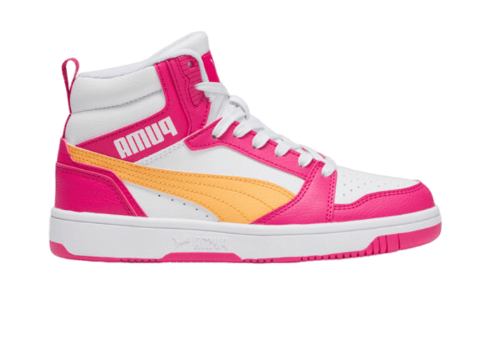 PUMA Rebound V6 Mid Sneakers in White/Clementine/Garnet Rose (GS)